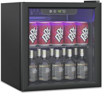 Erivess Compact Beverage Refrigerator,60 Can/1.3 Cubic Feet Fridge with Glass Front Door for Soda, Beer or Wine, Under Counter Small Refrigerator with Adjustable Shelve & Digital Display