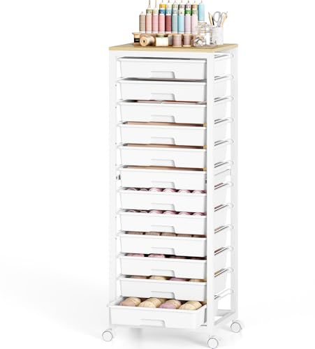 SYKIARIOL 12-Fach Schubladen-Rollwagen-Mobiler Bastelwagen mit Holzplatte, ideal für Ordnung im Haus & Büro (weiß)