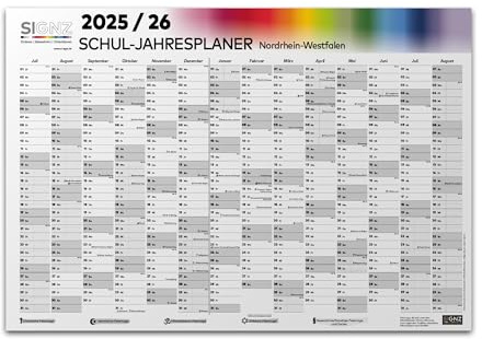 SIGNZ Skolkalender för tyska delstaten NRW 2025–2026, storlek XXL, 98 x 68 cm, inkl. lov- och helgdagar, CO2-neutralt tillverkad i Tyskland