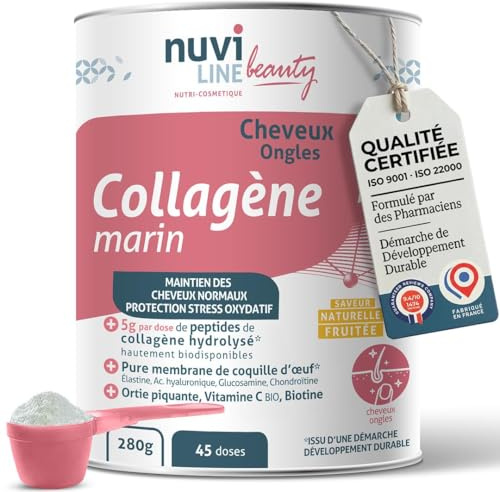 NUVILINE Beauty - Collagène Cheveux et Ongles - Collagène Hydrolysé En Poudre + Ortie Piquante Bio + Membrane de Coquille d'Oeuf + Vitamine B8 et C - Renfort et beauté - France - 280g (45 doses)