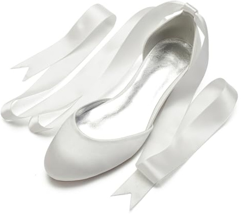 LRMYMHY Zapatos De Novia Planos para Mujer Satén Punta Redonda Bailarinas Zapatos De Boda Vestir con Cinta,Marfil,41 EU
