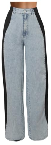 Generisch Pantalon de jogging baggy pour femme avec rayures patchwork, taille haute, bloc de couleur denim ample, pantalon droit à jambe large, bleu clair, S