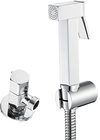 Bidet portatile manuale, Spruzzatore for bidet for WC in ottone con tubo flessibile in acciaio inossidabile argento quadrato da parete