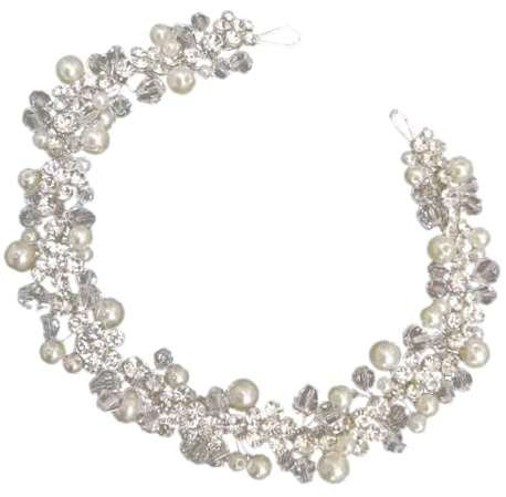 Cabilock Bandeau de Perles Artificielles et Strass Argentés, Bijou de Tête Délicat pour Femme, Accessoire Cheveux Mariage et Fête, Ornement Coiffure Élégant et Raffiné, pour Cérémonies