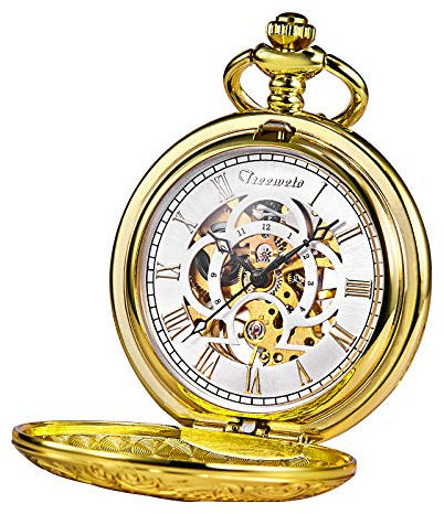 TREEWETO Montre de Poche Or Full Hunter Squelette Cadran mécanique Montre de Poche pour Homme Femme