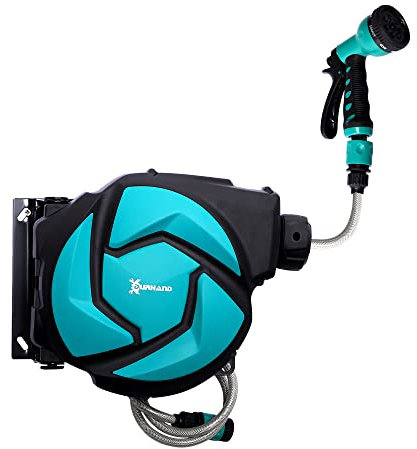 DURHAND Avvolgitubo Automatico Orientabile a Parete con Tubo da 10 m e 7 Ugelli, Avvolgitubo in Plastica e PP, 28x14x34 cm, Nero e Azzurro