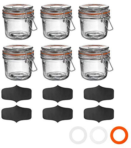 Argon Tableware Glass Jars with Airtight Metal Clip Lid & Chalkboard Stickers - 350ml/12.3oz - 6 Pack - 4 Colour Seals - Kitchen Container Round Preserving Jar for Pickling, Chutney, Jam, Coffee