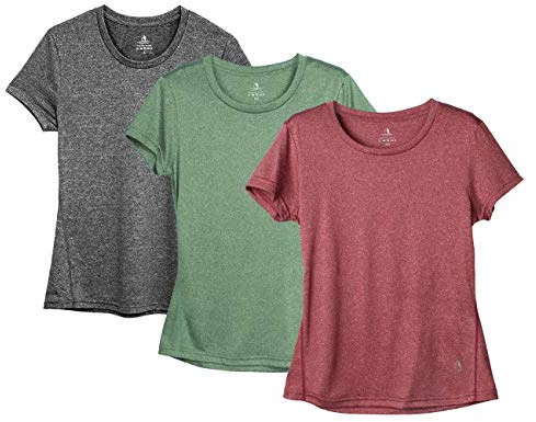 icyzone Camiseta de Fitness de Manga Corta para Mujer, Pack de 3 (XL, Carboncillo/Borgoña/Césped Verde)