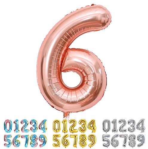 Ponmoo Foil Balloon Number 6 Rosegold, Giant Numbers 0 1 2 3 4 5 6 7 8 9 10-19 20-29 30-39 40-49 50-60-70-80-90-100, Large Balloons for Wedding Anniversary Birthday Party Decoration
