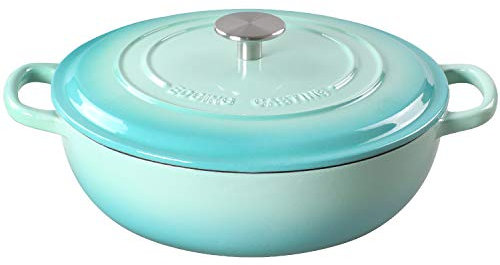EDGING CASTING Enameled Cast Iron Dutch Oven Shallow Casserole Braiser with Dual Handle, 3.8 QT, Peacock blue
