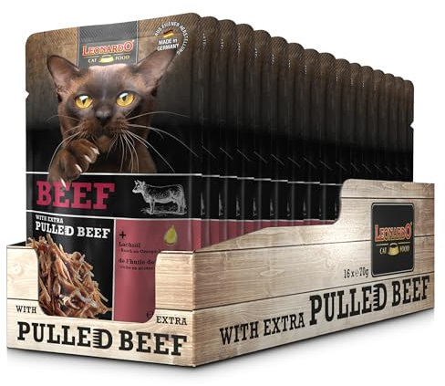 LEONARDO Frischebeutel [16x70g Beef mit Fleischstreifen] Pulled Beef | Getreidefreies Nassfutter für Katzen | Alleinfuttermittel Katzenfutter