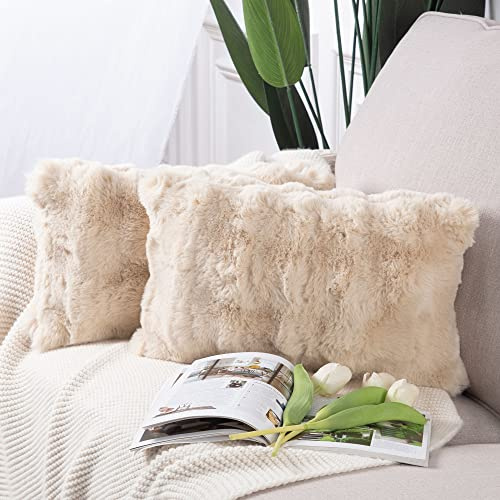 Madizz Lot de 2 Doux Peluche Laine Courte Toison Décoratif Housses de Coussin Luxe Style pour canapé Chambre Beige Clair 30 x 50 cm