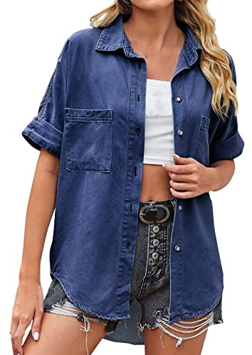 Dam jeansskjorta kortärmad skjorta blus sommartoppar revers denim skjortor med knapp retro t-shirt skjorta blus lös ledig jeansblus sommarskjorta toppar, blå, S