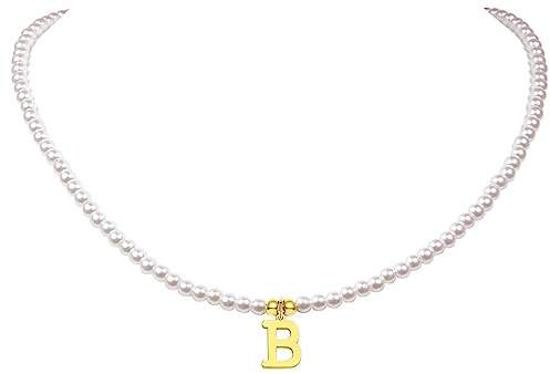 aesdox Gargantilla con inicial de perlas para mujeres y niñas, collar con letras de perlas falsas para niñas, Perla, Perla
