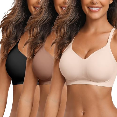 Vertvie Sömlös behå för kvinnor utan bygel, bekväm bh push-up mjuk bh V-ringad mjuk bystier, ultra-bekväm bh, vadderad bralette, t-shirt, bh sömlös bh
