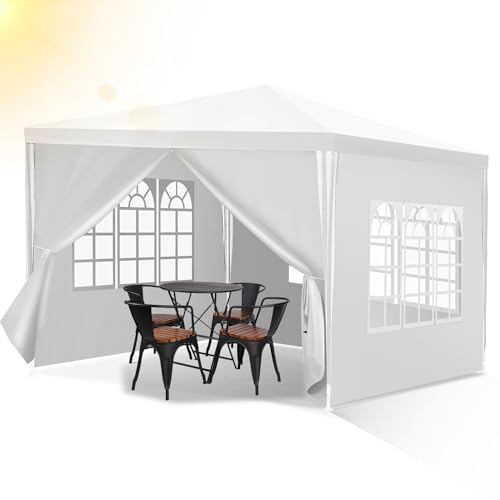 Izrielar paviljong, vattentät trädgårdspaviljong, med sidodelar och stabila fönster, trädgårdstält, UV-skydd, trädgårdspaviljong för trädgård, fest, bröllop, marknadsställ, 3 x 3 m, vit