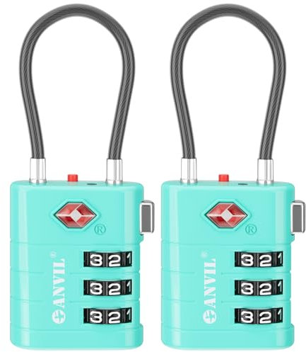 ANVIL TSA Approved Luggage Locks – High Security TSA008 Combination Travel Locks with Inspection Indicator for Suitcases and Backpacks. (2, Cyan)