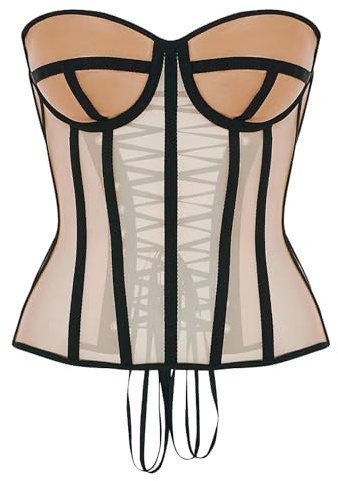 WS Waist Secrets Perfect Corset NYC OVERBUST Mesh Corset Top Lace up with 15 Steel Boned (Color Beige, L)