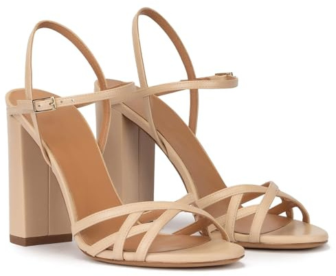 Rozhuhro Sandalias de tacón Grueso con Tiras y Punta Redonda para Mujer Moda Verano Punta Abierta Correa el Tobillo Sandalias tacón Alto Gruesas Vestido cómodo Zapatos Boda para Fiesta,Nude,36 EU