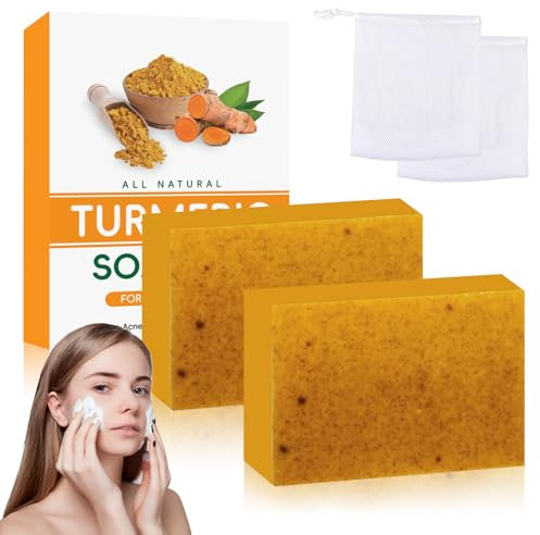 TECHEEL Kurkuma Seife Turmeric Soap Kurkuma Seifenstück Gesichtsseife Seife Feste Gesichtsseife Turmeric Brightening Soap Kurkumas Aufhellende Seifen für Gesicht und Körper mit einem Schaumnetz