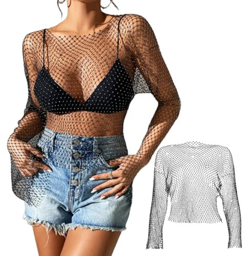 Black Mesh Blouse With Glitter Rhinestone Long Sleeves - Sexy Transparent Fishnet Crystal Crew Neck Women's Tank Top for Dinner, Party, Festive Wear