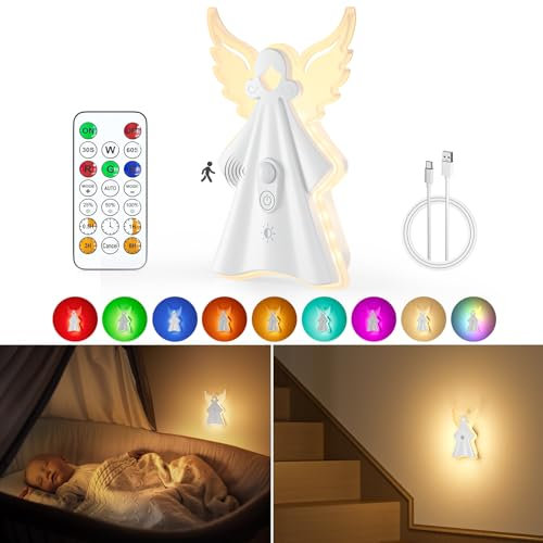 WOBANE Luce Notturna Bambini, Lampada Cameretta Ricaricabile con Telecomando Dimmerabile, Lampada da Parete Angelo Led con Sensore Movimento, Regali per Bambina Ragazzi Natale
