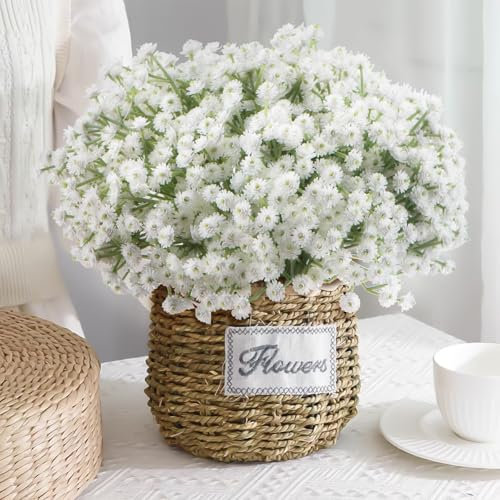 DBCMEW 25Pcs Artificial Flowers, Fake Flowers Gypsophila Real Touch Flowers, Babys Breath Faux Flowers Arrangements Bouquets for Party Home Garden DIY Wedding Decoration (White)