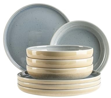 MÄSER, serie Candy, bordsservis för 4 personer, tallriksset i modern rund form, pastellfärger, tillverkad i Portugal, stengods, blå