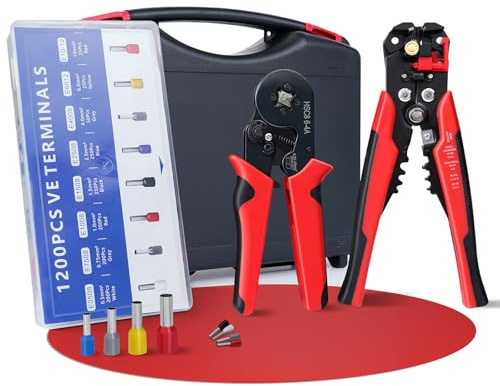 HYCHIKA Pinza Crimpatrice Capicorda，Spelafili Automatico 3 in 1, Strumenti di Crimpatura con 1200PCS Cavo Connettori 0.25-10mm²(AWG 24-8) Terminals, Pinza Capicorda, Attrezzi Kit Elettricista