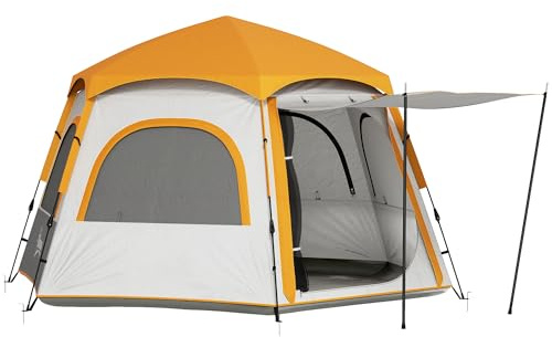 Outsunny Instant Pop Up Camping Tent, 2/3/4 Person Easy Setup Dome Family Tent with Vestibule, Rainfly, 4 Mesh Windows & 2 Doors, Hexagonal Design, Waterproof & UV Protected, Light Grey