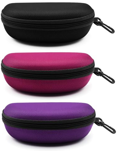 SteelFever 3pcs Sunglasses Case, Portable Travel Zipper Hard Shell Eyeglasses Case with Plastic Hook Scratch Resistant Glasses Organiser Box (Purple Rose Red)