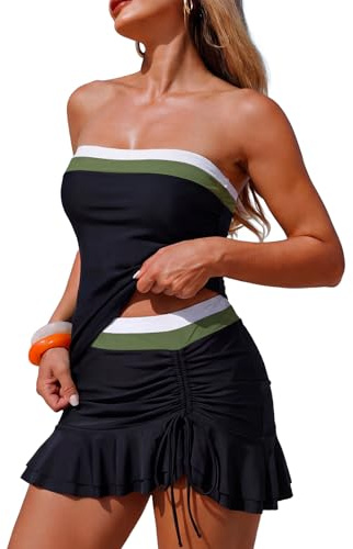 ZAFUL Colorblock Bandeau Tankini Swimsuits for Women 2 Piece Tummy Control Bathing Suit Drawstring Ruffle Swim Skort 0-Black B L