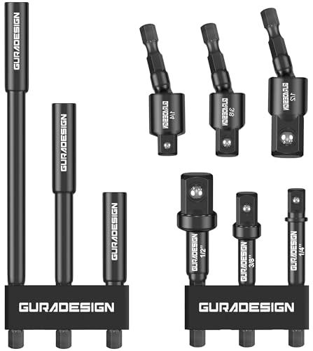 GURADESIGN 9-Piece Impact Drill Socket Adapter Set and Universal Joints Socket Set 1/4 3/8 and 1/2, Power Drill Bit Extension, Magnetic Screwdriver Bit Holder