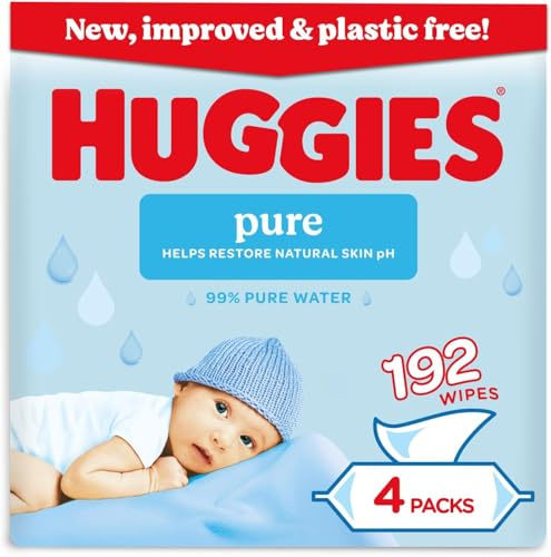Huggies Pure Plastic Free Baby Wipes - Quad Pack (192 Wipes) - 99% Water Wet Wipes, Fragrance Free, Hypoallergenic, Better Cleaning, Soft and Gentle on Babies' Delicate Skin