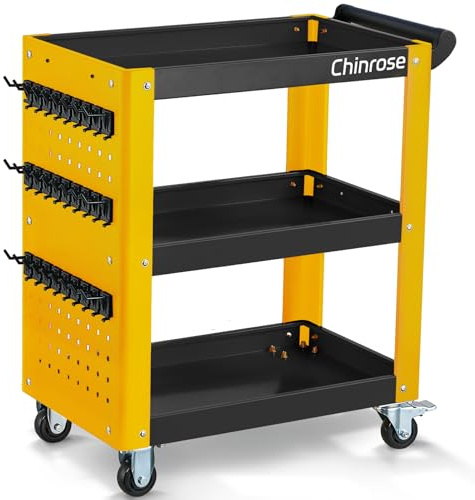 Carrito de Herramientas de 3 Niveles con Ruedas para Almacenamiento, Organizador de Almacenamiento mecánico, Carrito de Trabajo con Tabla de Ruedas para Garaje, Taller, almacén (Negro y Amarillo)