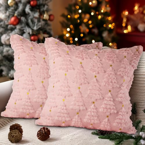 Lanpn 2 Pezzi Fodere Cuscini Natalizie 40x40cm, cuscini invernali in peluche Copricuscini Decorativi Coperture per natalizia casa soggiorno camera da letto divano letto (Stella Albero di Natale, Rosa)