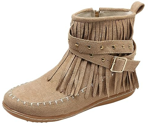Bottines pour femme - Style décontracté - Couleur unie - Avec franges - Confortables - Plates - Cylindriques - Rondes - Grandes tailles - Bottes western, beige, 37 EU