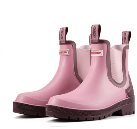 SUREWAY Women's Short Ankle Rain Boots,Waterproof Rubber Garden Shoes,Slip Resistant Chelsea Rain Boots For Ladies,Pink,Size 8