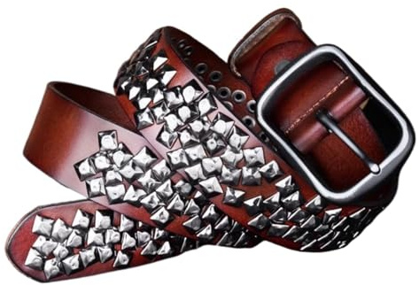 Män Kvinnor Äkta Läderbälte Med Nitar, Metal Punk Rock Goth Nit Ljusa Pyramidnitar, 38 Mm Bredd(Brown,125cm/waist:42~44)