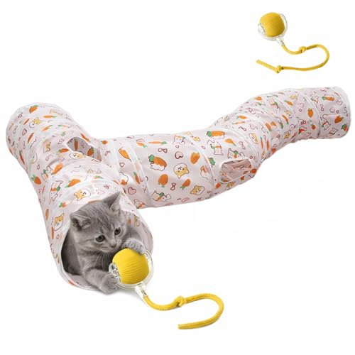 T-Shaped Cat Tunnel with Fast Rolling Interactive Cat Toy Ball - Indoor Cat Play Tunnel for Adult Cats & Kittens, Anti-Boredom Cat Enrichment Toy, Collapsible Cat Tunnel for Hide and Seek