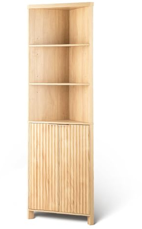Bonnlo Tall Bathroom Cabinet,Fluted Corner Bathroom Cupboard 2 Doors 5-Tier | Slim Toilet Storage Unit,Grille Freestanding Bathroom Organizer,Wooden Corner Shelf Unit for Small Spaces,Oak