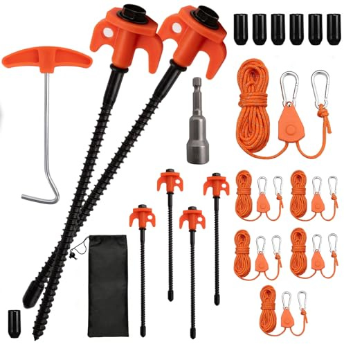 YYSWSAKY 6X Piquets de Tente à Visser 20 cm & 6X Tendeur de Corde à cliquet réglable 4 m Set, 3 mm Corde réfléchissante avec Mousqueton pour Camping, Randonnée, Auvent - Accessoires Camping