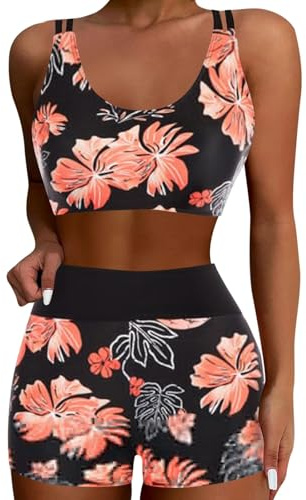 Konservativ väst bikini tryck baddräkt tre delar set för kvinnor med tankini överdel byxor, ROSA, S