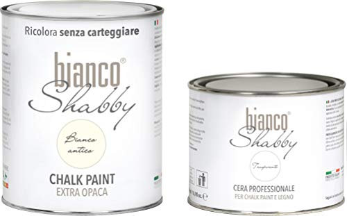 CHALK PAINT Bianco Antico & CERA NEUTRA - Pittura Shabby Chic (1 Litro) + Cera Professionale (500 ml)