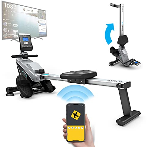 Bluefin Fitness - Máquina de Remo Plegable BLADE con 8 Niveles de Resistencia magnética Regulable, transmisión Suave, Pantalla LCD, aplicación para Smartphone, Color Negro/Plateado