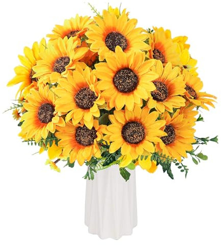 Beferr 2 Bunches Artificial Sunflowers Flowers Realistic, Fake Silk Sun Flower Bridal Bouquets for Wedding Party Outdoor Indoor Floral Arrangement Home Decoration