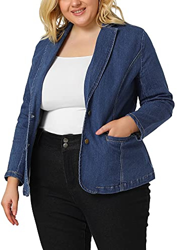 Agnes Orinda Women's Plus Size Denim Jackets Elegant Lapel Work Jean Blazer Jacket 2025 2X Sky Blue