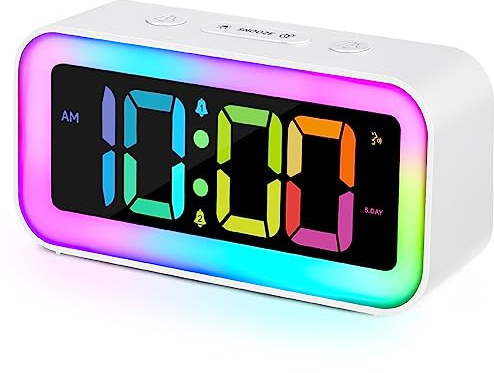 Cadmos Loud Alarm Clock for Bedrooms with Dynamic RGB Night Light,Heavy Sleepers Adults,Dual Alarm,Dimmer,USB Charger,Small Bedside Digital Clock with Led Display for Kids,Teens,Seniors (White)