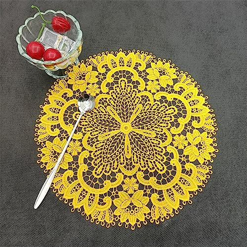 Wambere 4 Stück 26 cm Tischset aus Spitze,Spitzendeckchen Häkeldeckchen Tischdeck,Spitze Runde Stickerei Tisch Tischset,Handarbeit Geklöppelt Spitzendeckchen Placemat,für Küche, Esszimmer,Gelb B