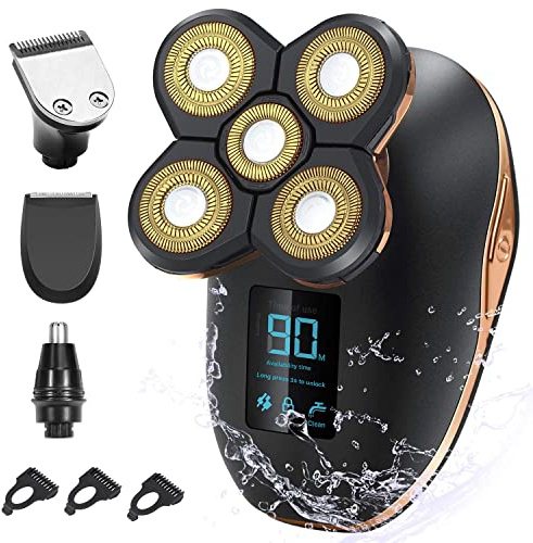 Rasoio elettrico da uomo, display digitale 5 in 1, rasoio elettrico a secco a umido da uomo, rasoio elettrico per barba e barba rasoio elettrico per il viso, ricaricabile (colore: oro)